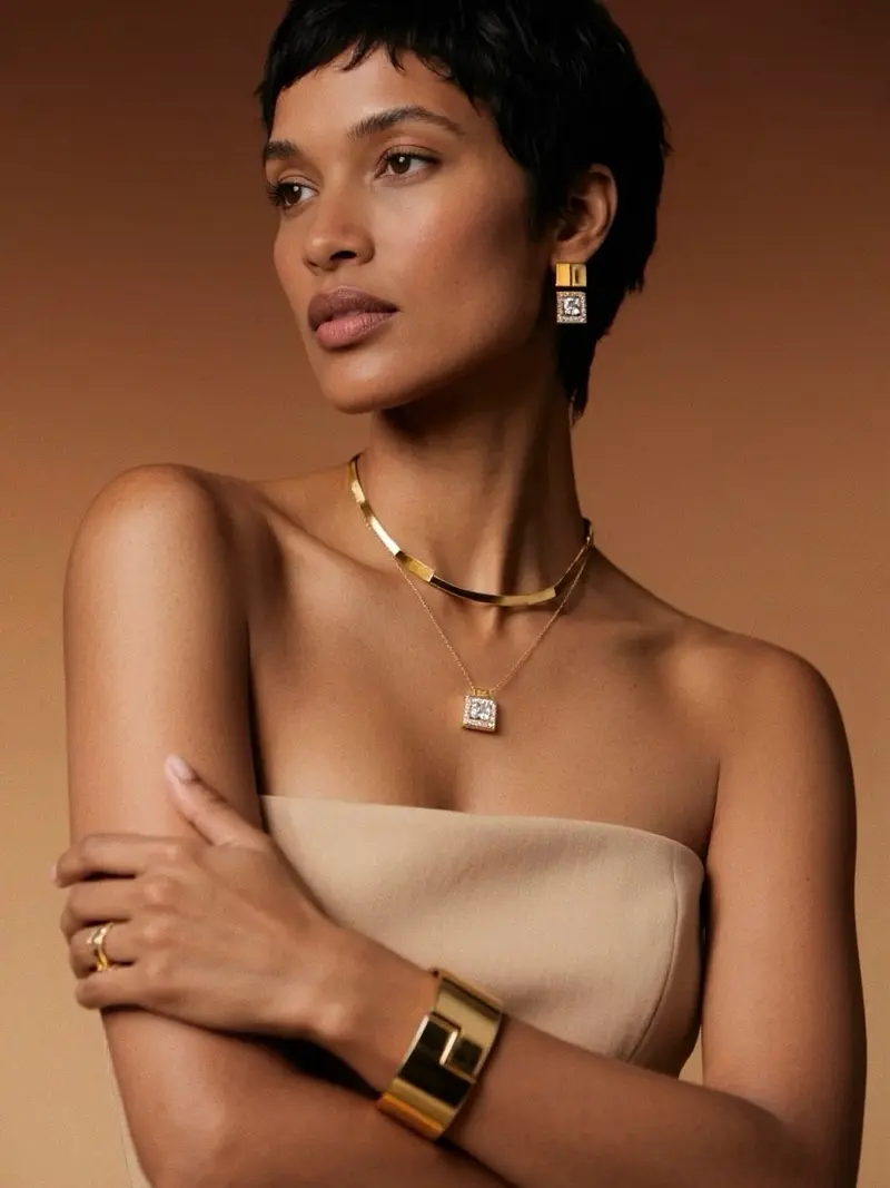 AI-generated jewelry campaign featuring gold necklace and earrings