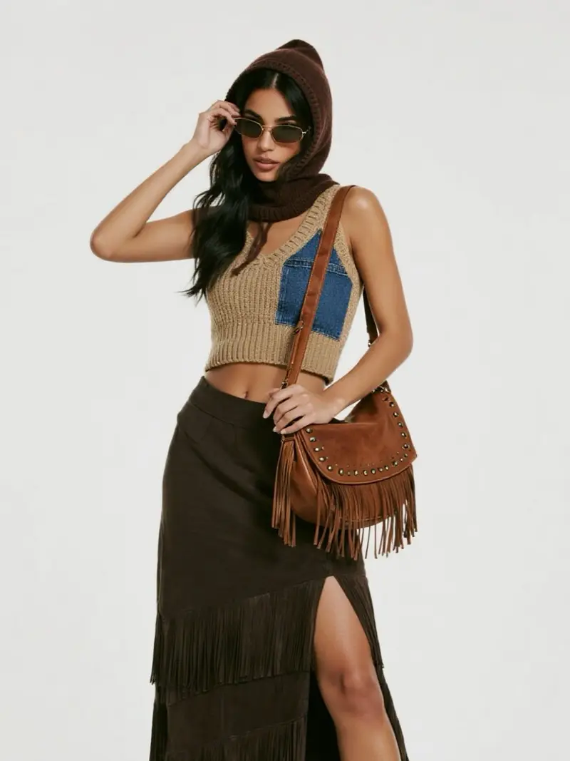 AI-generated western boho fashion editorial with fringe details